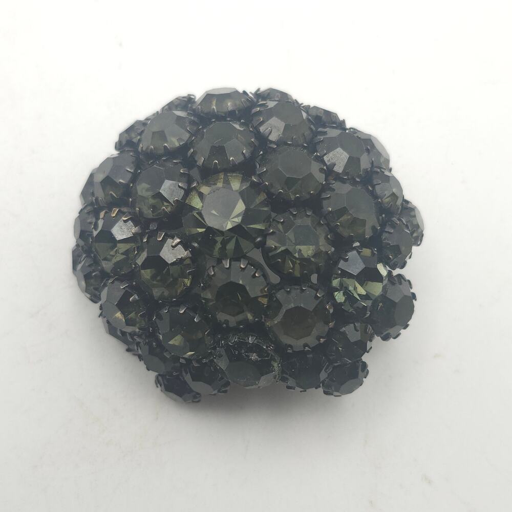 Vintage Signed Warner Black Rhinestone Dome Cluster Japanned Round Brooch Pin